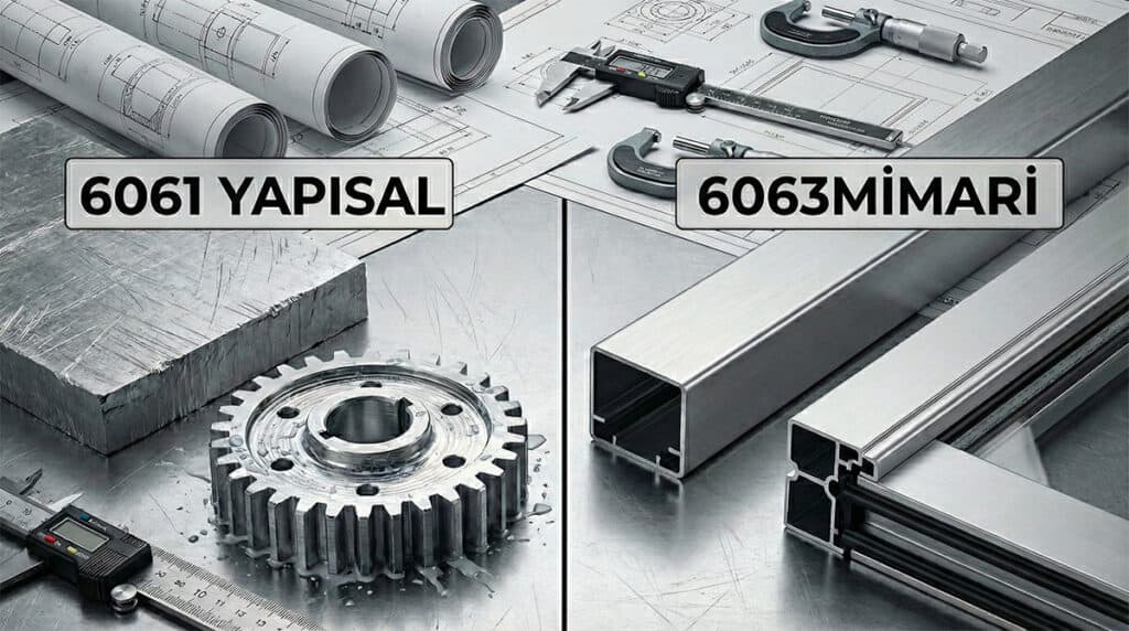 6061 yapısal alaşım (ham levha ve CNC dişli) ile 6063 mimari alaşım (eloksal sigma profil ve pencere çerçevesi) arasındaki yüzey ve kullanım farkı karşılaştırması.