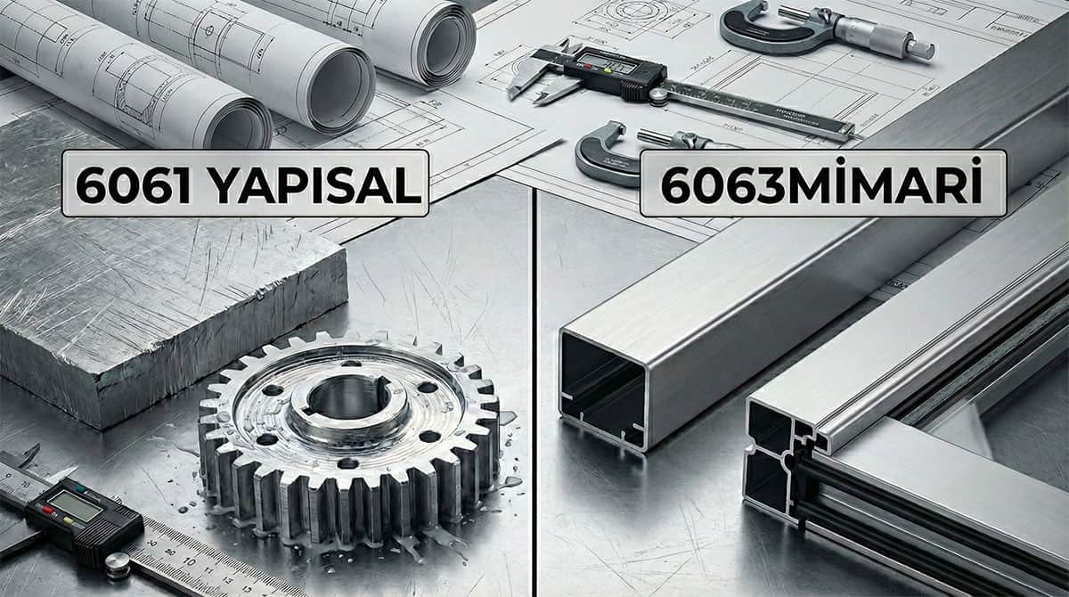 6061 yapısal alaşım (ham levha ve CNC dişli) ile 6063 mimari alaşım (eloksal sigma profil ve pencere çerçevesi) arasındaki yüzey ve kullanım farkı karşılaştırması.
