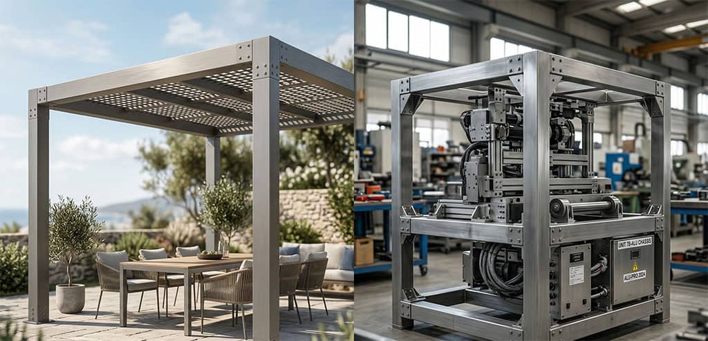 Alüminyum kutu profil kullanım alanları: pergola iskeleti ve endüstriyel şasi