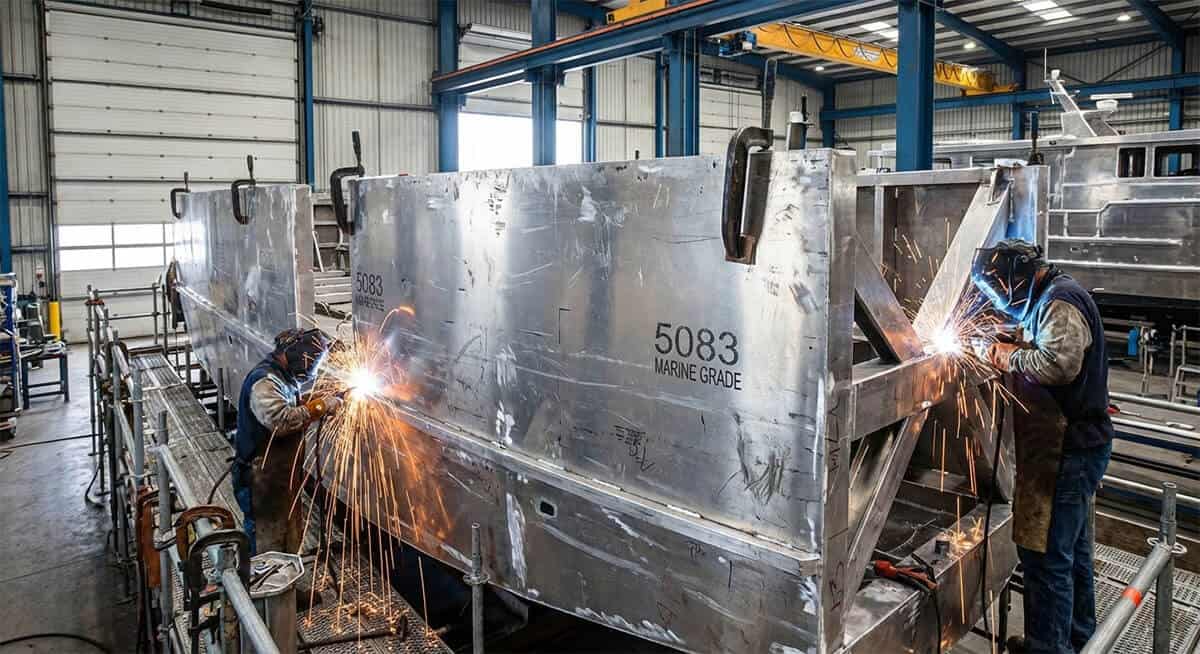 Tersanede 5083 marine alüminyum plaka ile tekne gövdesi imalatı ve kaynak işlemi