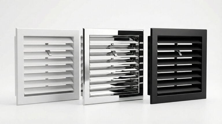 Beyaz, krom ve siyah renkli hareketli kanatlı alüminyum menfez çeşitleri