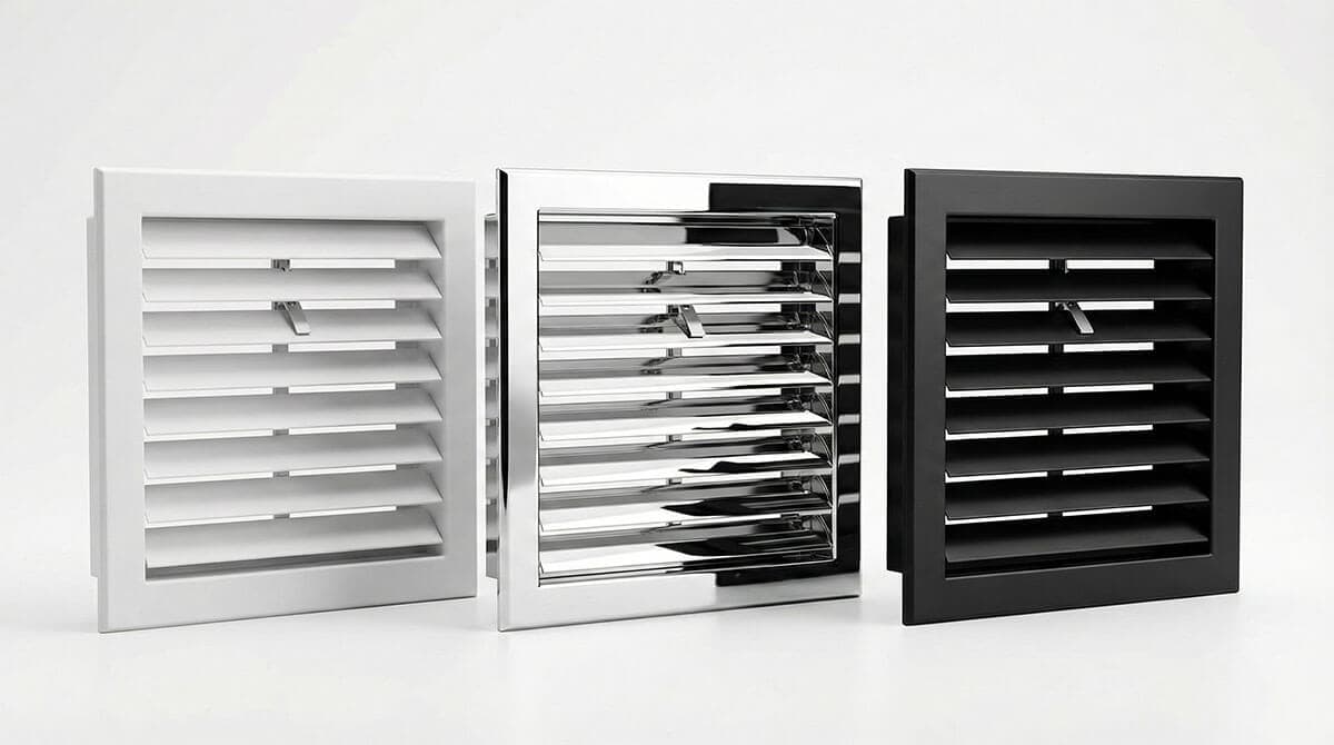 Beyaz, krom ve siyah renkli hareketli kanatlı alüminyum menfez çeşitleri