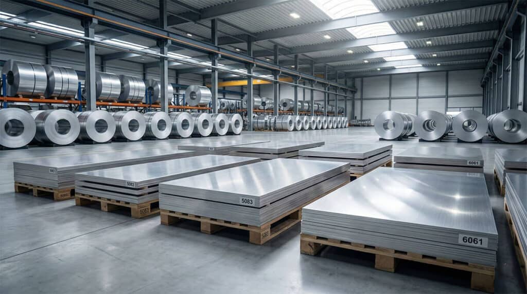 Farklı kalınlıklarda istiflenmiş 5083 ve 6061 alaşım alüminyum plaka, levha ve rulo sac stok çeşitleri.