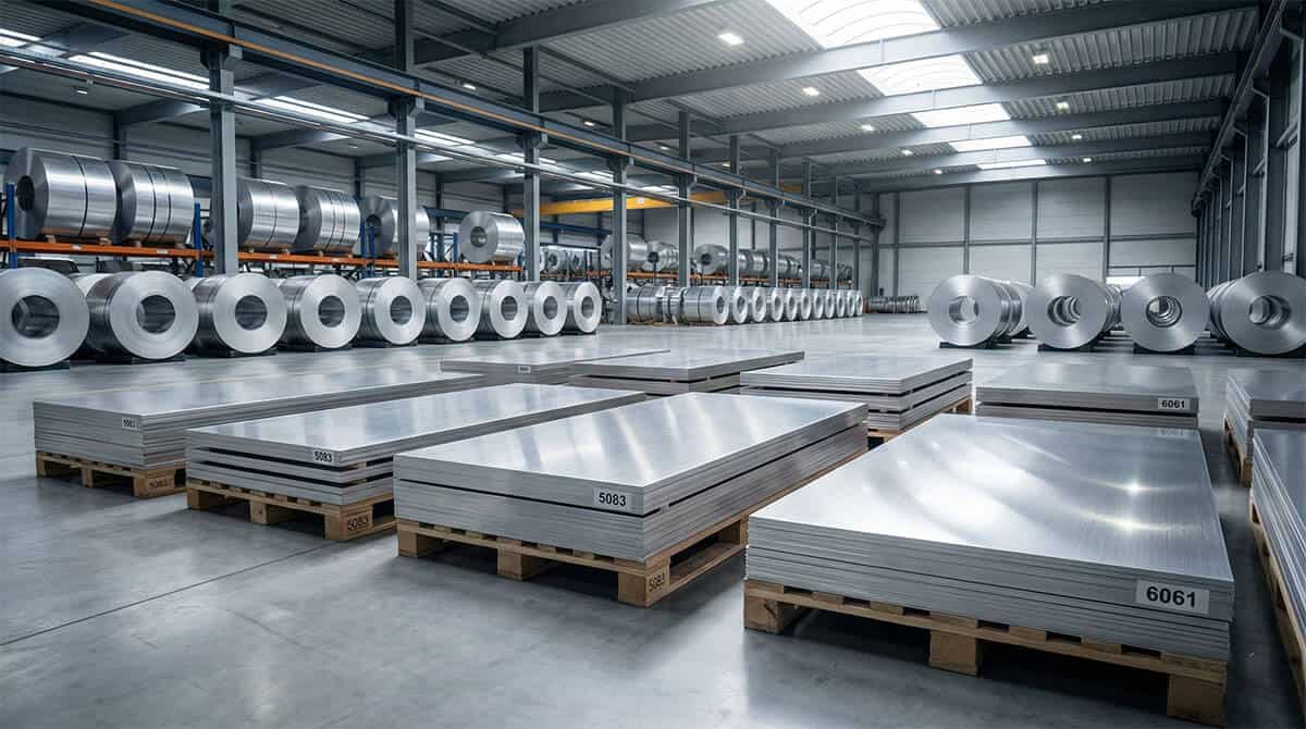 Farklı kalınlıklarda istiflenmiş 5083 ve 6061 alaşım alüminyum plaka, levha ve rulo sac stok çeşitleri.