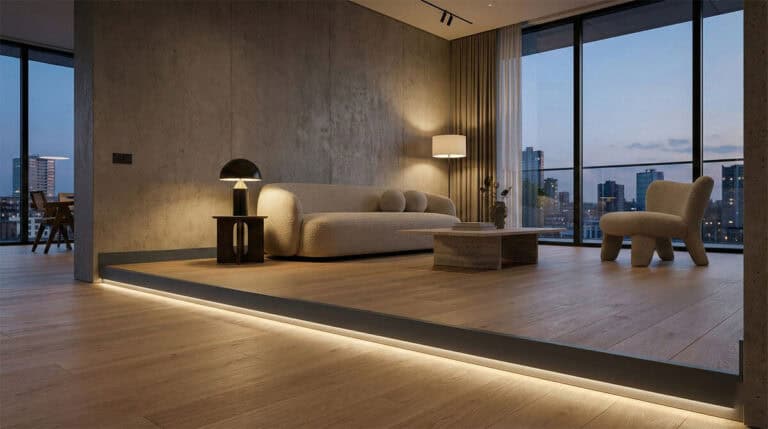 Antrasit gri duvar ile uyumlu, zemini aydınlatan ledli alüminyum süpürgelik uygulaması